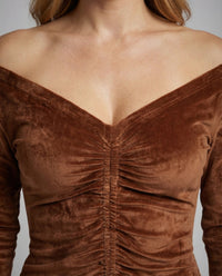 Damen Midikleid Schulterfrei Raffung