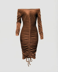 Damen Midikleid Schulterfrei Raffung Braun