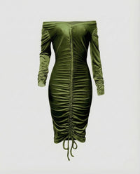 Damen Midikleid Schulterfrei Raffung Grün