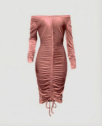 Damen Midikleid Schulterfrei Raffung Rosa