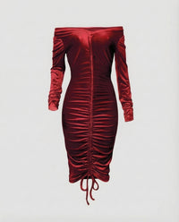 Damen Midikleid Schulterfrei Raffung Rot