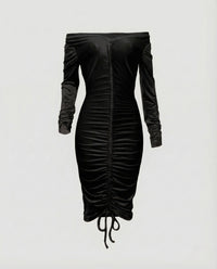 Damen Midikleid Schulterfrei Raffung Schwarz