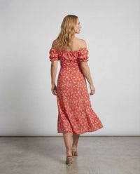 Damen Midikleid Schulterfrei Puffärmel Schlitz