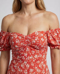 Damen Midikleid Schulterfrei Puffärmel Schlitz