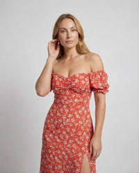 Damen Midikleid Schulterfrei Puffärmel Schlitz