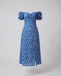 Damen Midikleid Schulterfrei Puffärmel Schlitz Blau