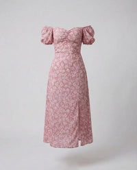 Damen Midikleid Schulterfrei Puffärmel Schlitz Rosa