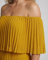Damen Plissee Maxikleid Schulterfrei Volant