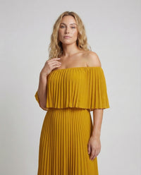 Damen Plissee Maxikleid Schulterfrei Volant