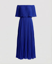 Damen Plissee Maxikleid Schulterfrei Volant Blau