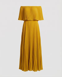 Damen Plissee Maxikleid Schulterfrei Volant Gelb