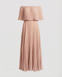 Damen Plissee Maxikleid Schulterfrei Volant Rosa