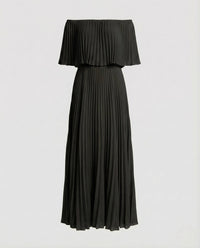 Damen Plissee Maxikleid Schulterfrei Volant Schwarz