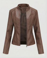 Damen Kunstlederjacke Tailliert Stehkragen Braun