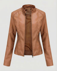 Damen Kunstlederjacke Tailliert Stehkragen Camel