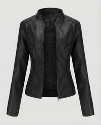 Damen Kunstlederjacke Tailliert Stehkragen Schwarz