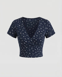 Damen Crop Top V Ausschnitt Blumenprint Blau