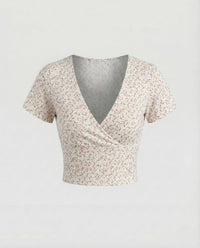 Damen Crop Top V Ausschnitt Blumenprint Gelb