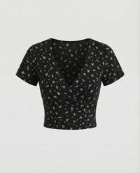 Damen Crop Top V Ausschnitt Blumenprint Schwarz