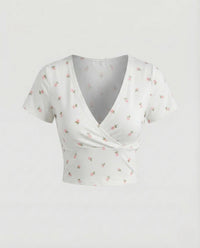 Damen Crop Top V Ausschnitt Blumenprint Weiß