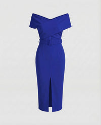 Damen Etuikleid Carmenkragen Gürtel Schlitz Blau
