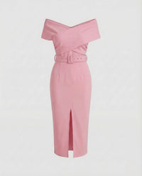 Damen Etuikleid Carmenkragen Gürtel Schlitz Rosa