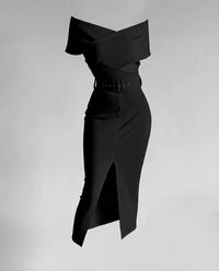 Damen Etuikleid Carmenkragen Gürtel Schlitz Schwarz