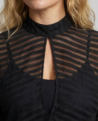 Damen Chiffonbluse Transparent Stehkragen Ballonärmel