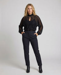 Damen Chiffonbluse Transparent Stehkragen Ballonärmel