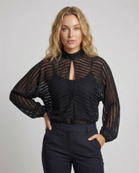 Damen Chiffonbluse Transparent Stehkragen Ballonärmel Schwarz