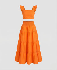 Damen Sommer Set Zweiteilig Volantärmel Orange