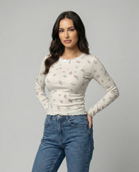 Süßes Langarmshirt mit Rundhalsausschnitt und Print für Damen Weiß
