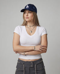 Damen Slim Fit Kurzarm T-Shirt Baumwolle V-Ausschnitt Sommer Oberteil XS Weiß V-neck