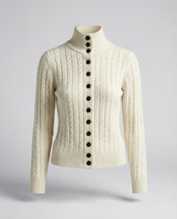 Damen Strickjacke mit Stehkragen und Zopfmuster in Weiß