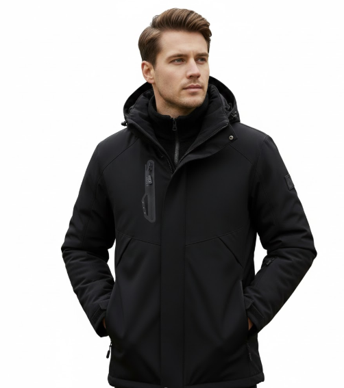 Dicke Winterjacke mit Kapuze und Reißverschlusstaschen für Herren